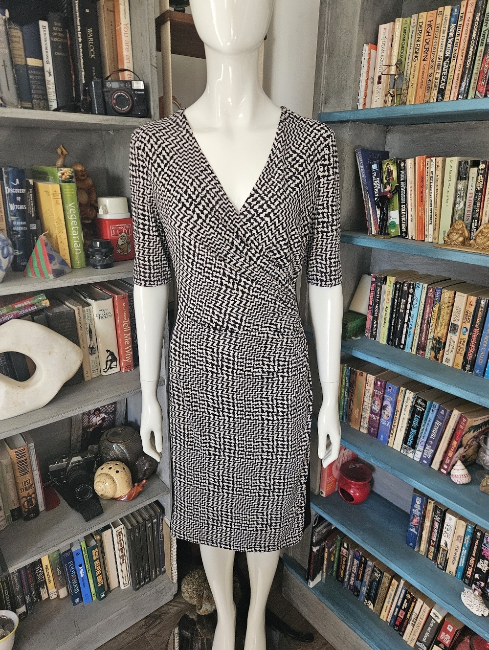 Ralph Lauren Black & White Houndstooth  Faux-Wrap Midi Dress Size 6